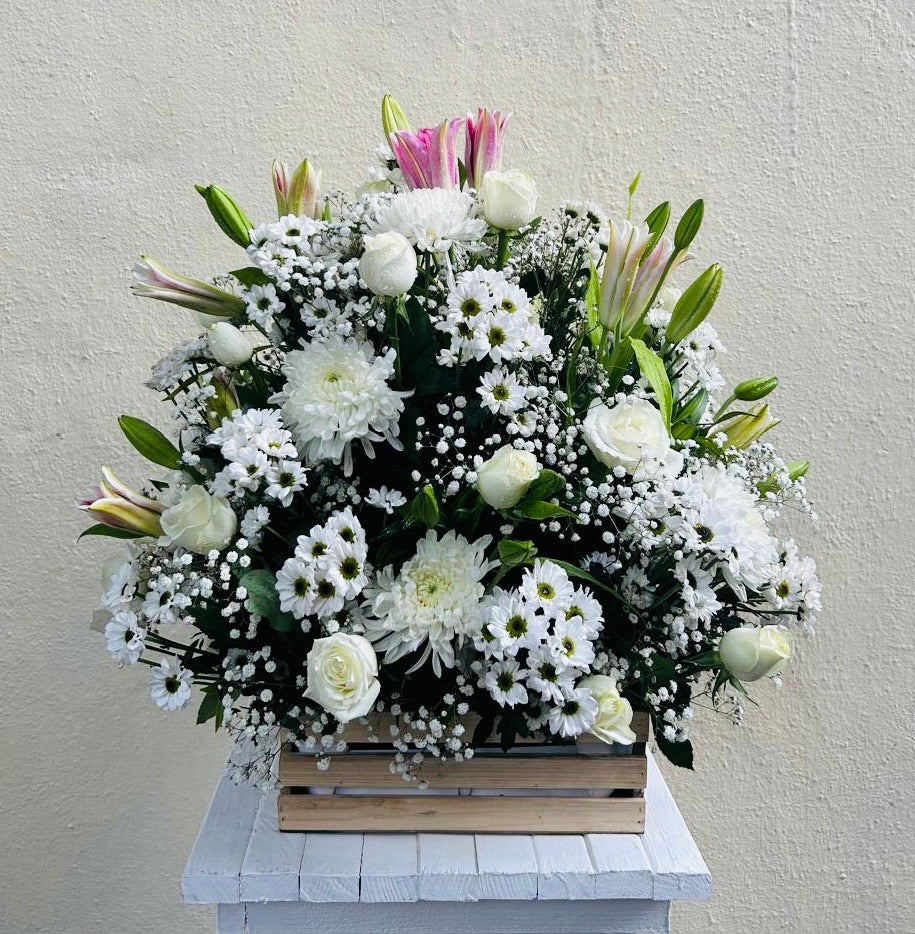 Wooden basket mix white flowers by BloomsOnly, Pune's number 1 flower delivery website