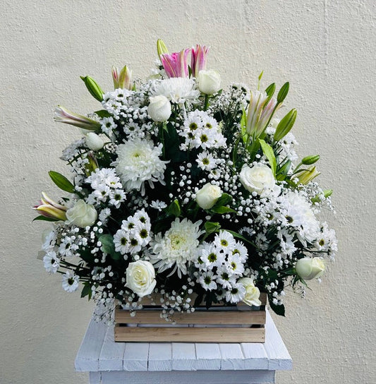 Wooden basket mix white flowers by BloomsOnly, Pune's number 1 flower delivery website
