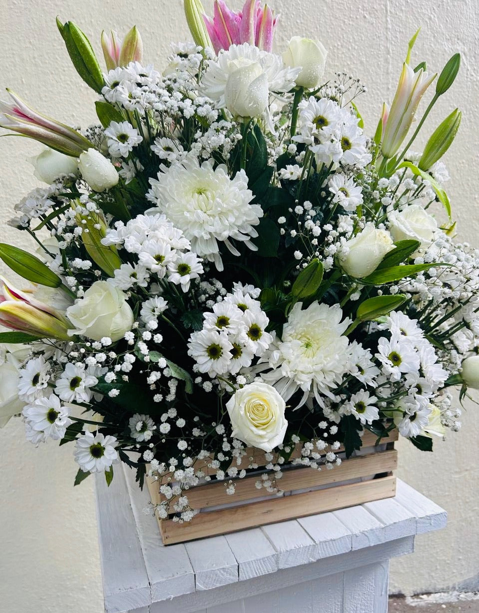 Wooden basket mix white flowers - Blooms Only