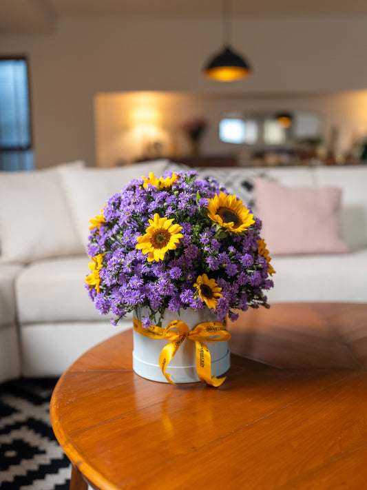 Violet Sunshine Box Bouquet by BloomsOnly - Pune's #1 Flower delivery website