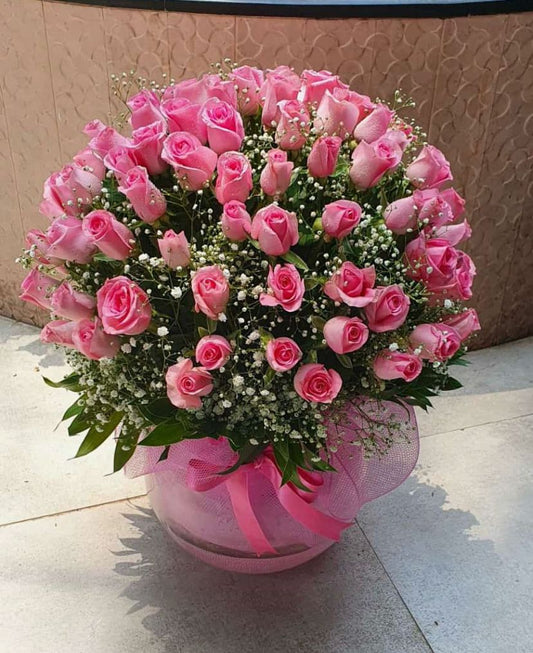 Pink Roses box bouquet with Gipso by BloomsOnly, Pune's number 1 flower delivery website