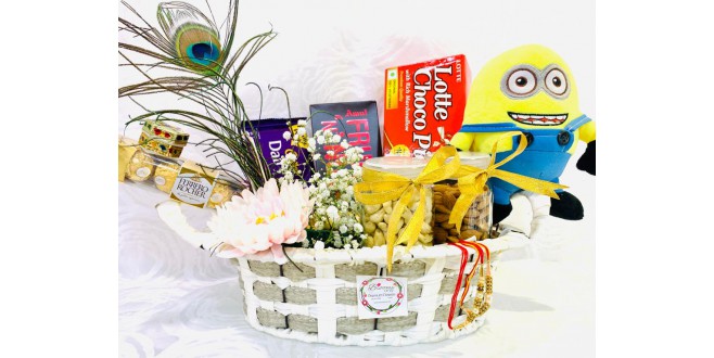 Chocolate Basket with Rakhi and Minion Soft Toy