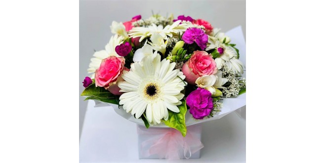 Joyful Bouquet - White Gerbera, Pink Roses and Purple Carnation