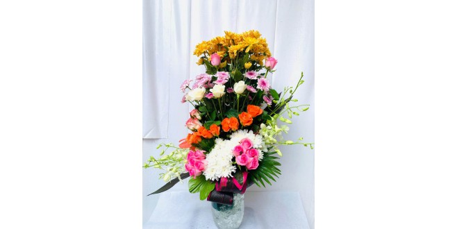 Vase Bouquet Arrangement of Roses, Chrysanthemums, Orchids