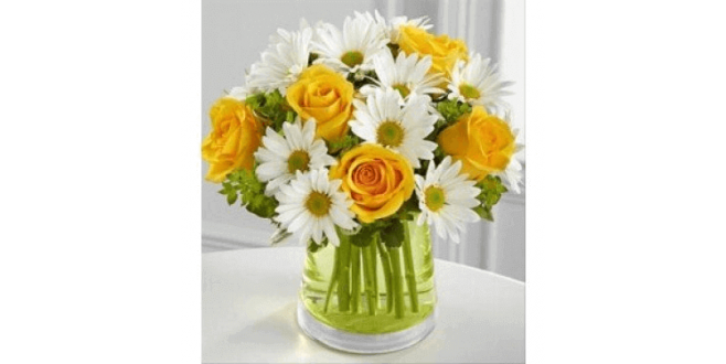 Yellow Bloom - Yellow Roses, White Chrysanthemum, Greenery