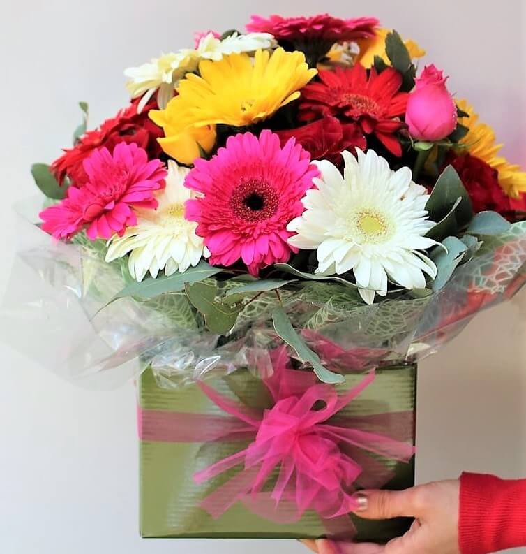 Box Bouquet with Mix Gerbera’s and Mix Roses