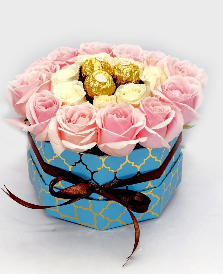 Pinky Love - Pink and Yellow Roses Premium Box Bouquet