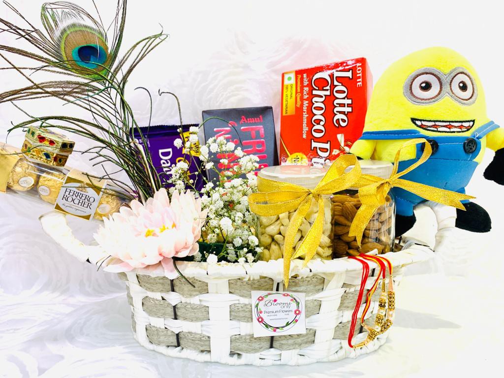 Chocolate Basket with Rakhi and Minion Soft Toy