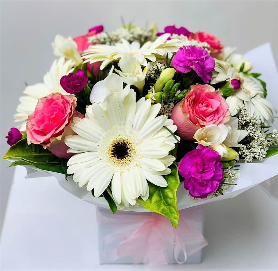 Joyful Bouquet - White Gerbera, Pink Roses and Purple Carnation