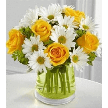 Yellow Bloom - Yellow Roses, White Chrysanthemum, Greenery