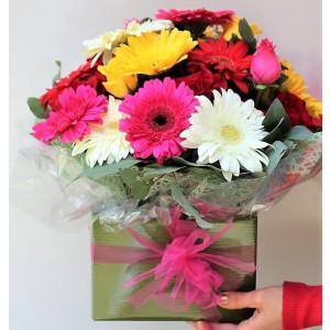 Box Bouquet with Mix Gerbera’s and Mix Roses