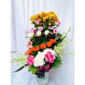 Vase Bouquet Arrangement of Roses, Chrysanthemums, Orchids