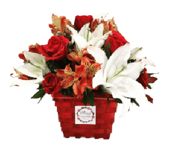 red rose and lilies basket arrangement