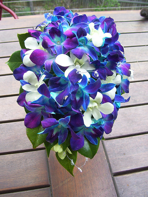 blue purple white orchid bouquet